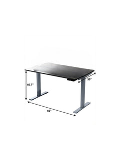 Adjustable black and gray stainless steel rolling standing desk, dimensions 60” x 30” x 46.7”, with control panel.