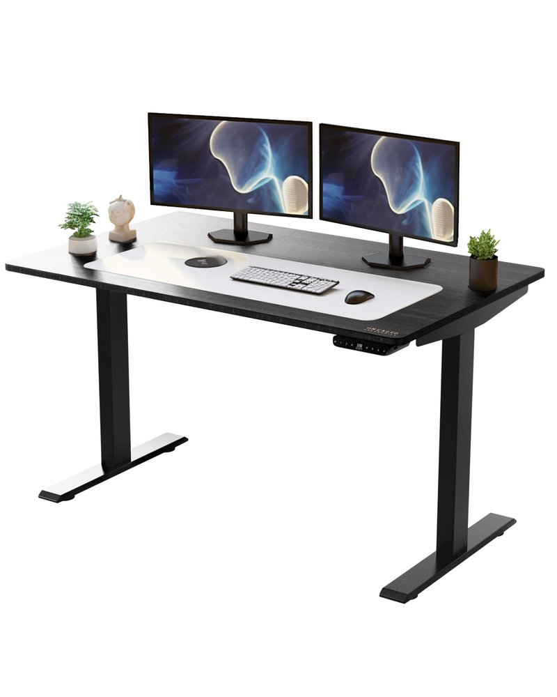 Adjustable Black Stainless Steel Rolling Computer Desk with dual monitors, keyboard, and decorative plants.
