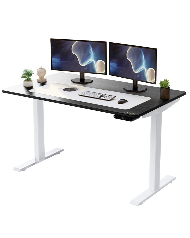 Adjustable black and white wood and stainless steel rolling computer desk with dual monitors, keyboard, and decorative plants