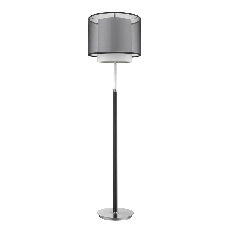 A 62-inch floor lamp with a chrome metal base and a black and white fabric drum shade.
