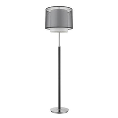 62" floor lamp with a sleek black and white fabric drum shade, featuring a modern metal base and slender pole design.