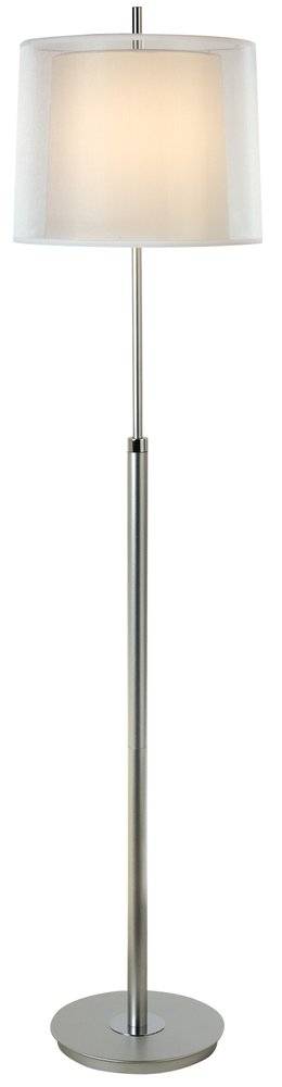Floor lamp with a white fabric empire shade and chrome metal base.