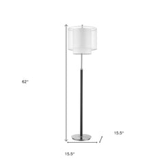 62" Floor Lamp with white fabric drum shade, featuring a sleek black base and a modern design. Dimensions: 62" height, 15.5" 