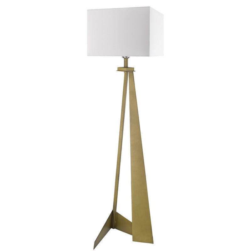 Brass floor lamp featuring a white fabric novelty shade.