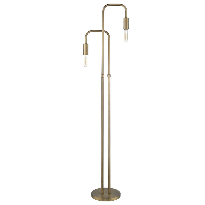 Brass metal two light torchiere floor lamp with a straight pole and scooped shade.