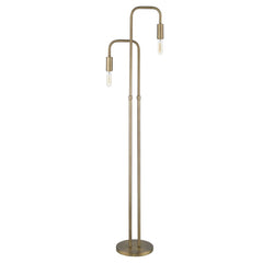 63" Two Light Torchiere Floor Lamp in a sleek brass finish with two curved arms and exposed bulbs. Modern and stylish design.