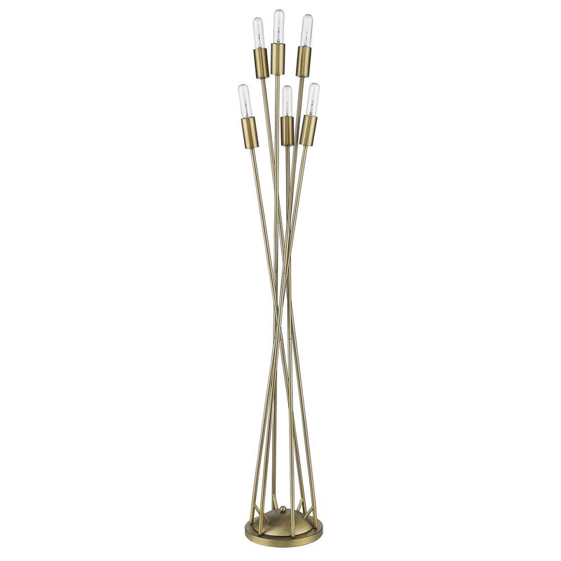 A 60-inch six light torchiere floor lamp with a brass metal base.