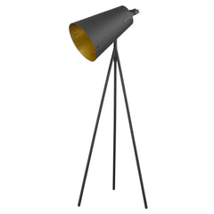 61" Tripod Floor Lamp with a gray metal cone shade and a gold interior, featuring sleek black tripod legs.