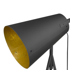 Gray metal cone shade of a 61" tripod floor lamp with a gold interior, showcasing a modern design and sleek finish.