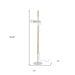 55" Brown and White Reading Floor Lamp with a minimalist design, featuring a wooden pole and a round base.