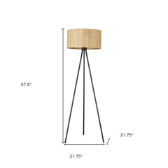 58" brown and black metal tripod floor lamp with a brown shade, featuring a modern design and adjustable height.