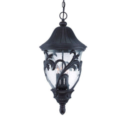 XL matte black three-light hanging light with a leaf detail frame.
