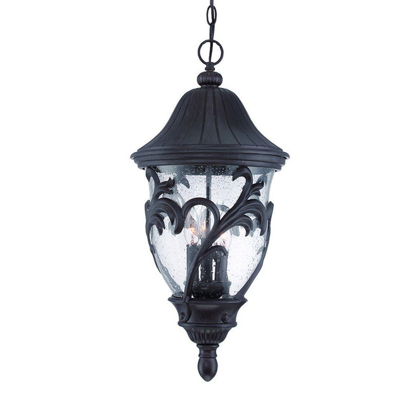 XL matte black three-light hanging light with a leaf detail frame.