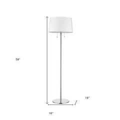 59" Floor Lamp with a white linen empire shade, featuring a sleek chrome base and pull chain switches. Dimensions: 59" height