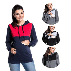 Pregnant woman wearing colorblock nursing hoodie – soft cotton blend maternity sweatshirt on model