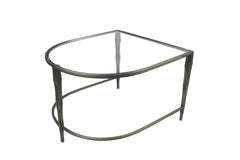 Set of Two Clear and Gold Glass and Iron Oval Frame Nested Coffee Tables