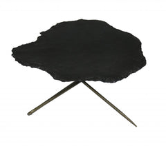 Set of two brown stone and iron free form bunching coffee tables with unique organic shapes and sturdy metal legs.