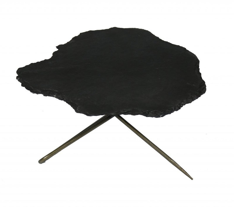 Set of two brown stone and iron free form bunching coffee tables with unique organic shapes and sturdy metal legs.