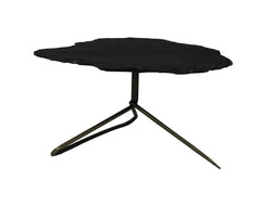 Set of two brown stone and iron free form bunching coffee tables with unique organic shapes and sturdy tripod bases.