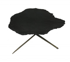 Set of two brown stone and iron free form bunching coffee tables with unique organic shapes and sleek metal legs.