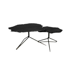 Set of two brown stone and iron free form bunching coffee tables with unique organic shapes and sleek black legs.