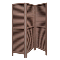 67" Brown Solid Wood Folding Three Panel Screen Room Divider with slatted design, ideal for privacy and decoration.