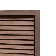 Brown solid wood folding three panel screen room divider with slatted design, showcasing a close-up of the textured surface.