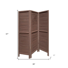 67" brown solid wood folding three panel screen room divider with slatted design, measuring 48" wide and 1" deep.
