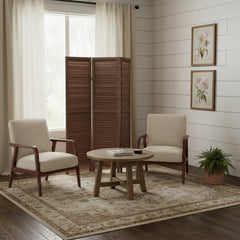 67" Brown Solid Wood Folding Three Panel Screen Room Divider in a cozy living space with two chairs, a round table, and decor