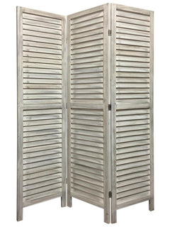 67" White Solid Wood Folding Three Panel Screen Room Divider with a slatted design and natural wood finish. Ideal for privacy