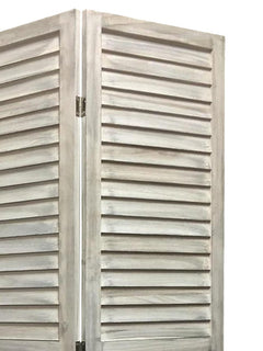 67" White Solid Wood Folding Three Panel Screen Room Divider with a slatted design and a weathered finish. Ideal for privacy.