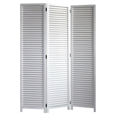67" White Solid Wood Folding Three Panel Screen Room Divider with a slatted design, perfect for privacy and decor.