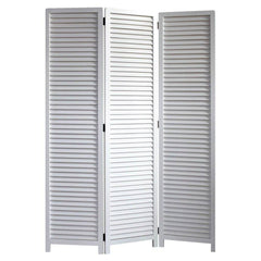 67" White Solid Wood Folding Three Panel Screen Room Divider with slatted design for privacy and decorative use.