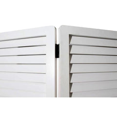 White solid wood folding three-panel screen room divider with slatted design, showcasing the hinge connection between panels.