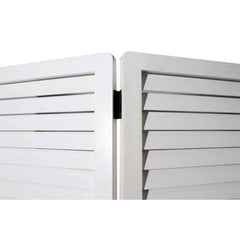 White solid wood folding three-panel screen room divider with slatted design, showcasing the hinge connection between panels.
