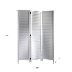 67" white solid wood folding three-panel screen room divider with slatted design, ideal for privacy and decor. Dimensions: 67
