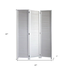 67" white solid wood folding three-panel screen room divider with slatted design, ideal for privacy and decor. Dimensions: 67