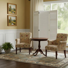67" White Solid Wood Folding Three Panel Screen Room Divider in a cozy room setting with floral chairs and a round table.