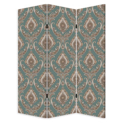 72" Green Folding Three Panel Screen Room Divider featuring an intricate paisley pattern in earthy tones. Ideal for privacy a