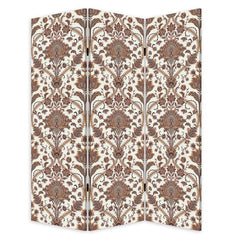 72" Green Folding Three Panel Screen Room Divider featuring an intricate floral design in earthy tones on a cream background.