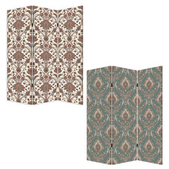 72" Green Folding Three Panel Screen Room Divider featuring intricate floral and paisley patterns in brown and teal.