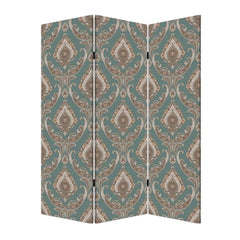 72" Green Folding Three Panel Screen Room Divider featuring an intricate paisley pattern in teal and beige tones.