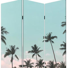 Light green 72" folding three-panel screen room divider featuring a tropical palm tree design against a blue sky background.