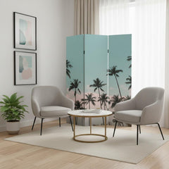 Light green 72" folding three-panel screen room divider featuring palm tree design, set in a cozy living space with chairs an
