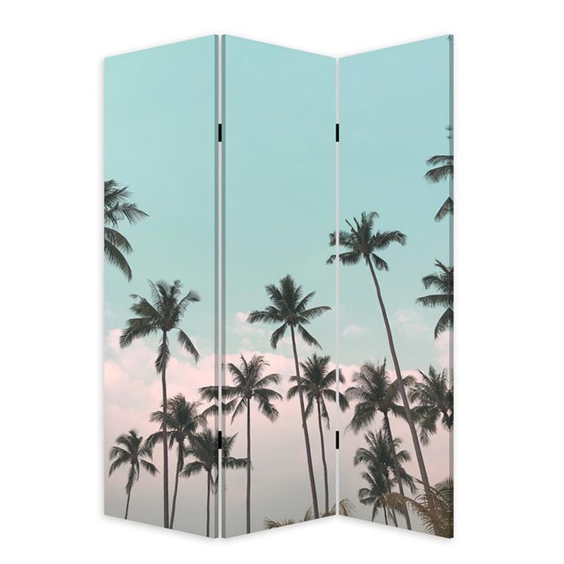 Light green folding three-panel screen room divider featuring palm tree design against a pastel sky. Ideal for privacy and de