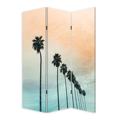 Light green folding three-panel screen room divider featuring a palm tree design against a pastel sky. Measures 72 inches.