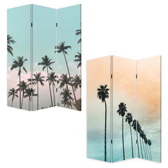 Light green folding three-panel screen room divider featuring palm tree designs in pastel colors. Ideal for privacy and decor