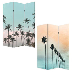 Light green folding three-panel screen room divider featuring palm tree designs in pastel colors. Ideal for home decor.