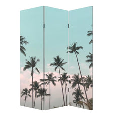 Light green folding three-panel screen room divider featuring a tropical palm tree design against a blue sky background.