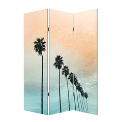 Light green folding three-panel screen room divider featuring a serene palm tree design against a pastel sky.